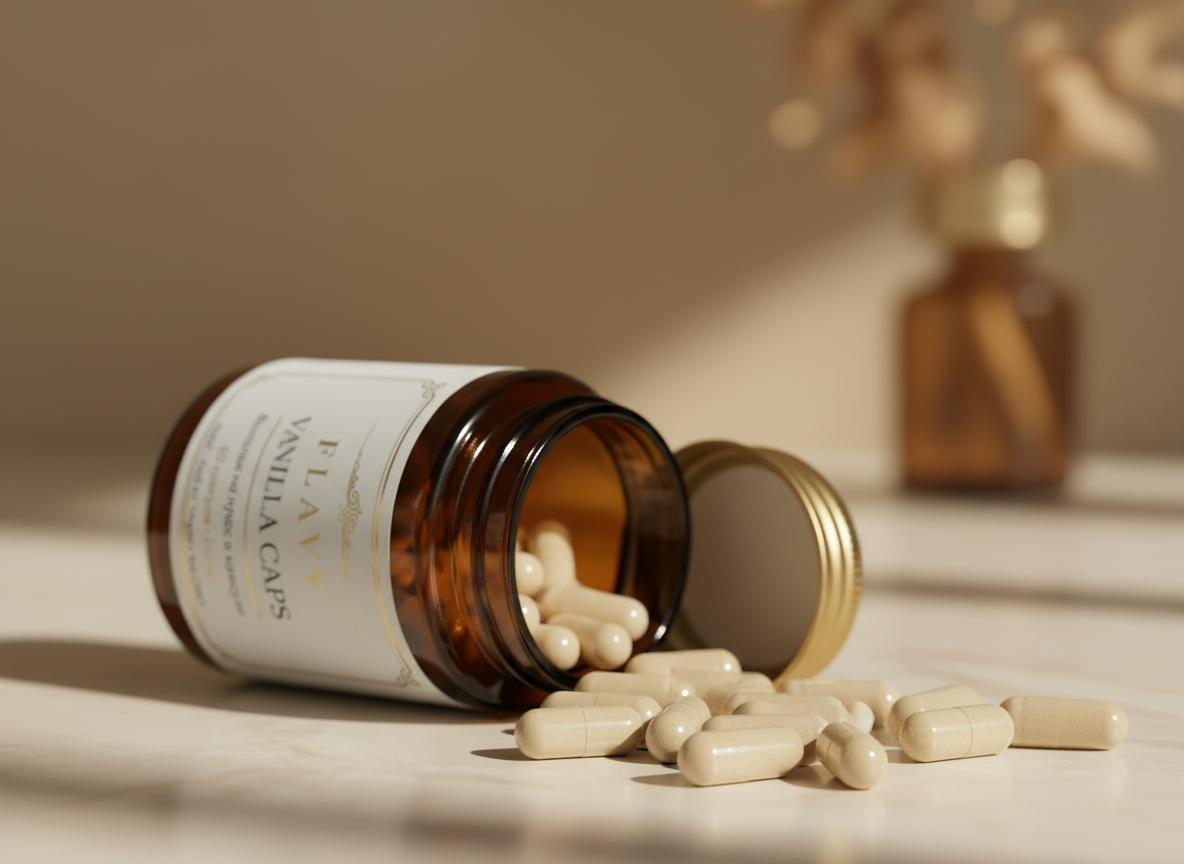 Flavy Vanilla Caps — обърнат буркан с разпилени капсули